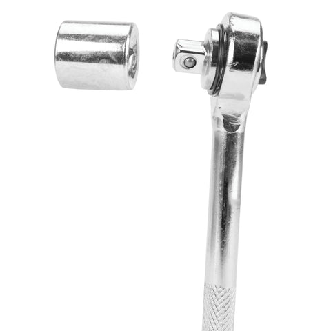Socket and ratchet from 85 Piece SAE And Metric Socket Set With One Quarter Inch, Three Eighths Inch And One Half Inch Drives, Drop Forged Chrome Plated Steel