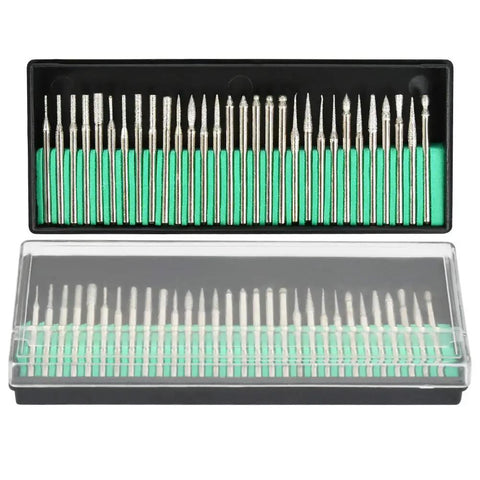90 Pc Diamond Burr Bits Kit For Engraving And Carving On Glass Gemstone Metal in storage box, various bit styles shown
