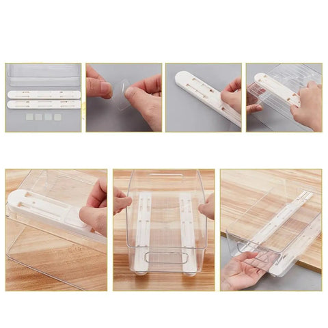 Four Pack Heavy Duty Self Adhesive Bottom Mount Drawer Slides Full Extension Glide Rails installation steps shown for cabinet organization.