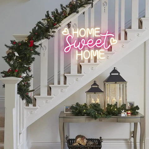 Home Sweet Home Neon Sign For Modern Home Decor Wall Art For Living Room Bedroom And Apartment To Elevate Your Cozy Vibe With Dimmer Switch And Included Power Adapter displayed on staircase wall with garland and lanterns.