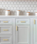 10 Pack Brushed Gold Cabinet Pulls 5 Inch Hole Center Kitchen Cabinet Hardware Gold Drawer Handles Installed on White Cabinets