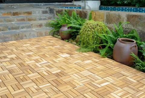 Acacia Wood Interlocking Deck Tiles 12x12 Inch Pack Of 9 For Indoor And Outdoor Use Waterproof All Weather Flooring on patio