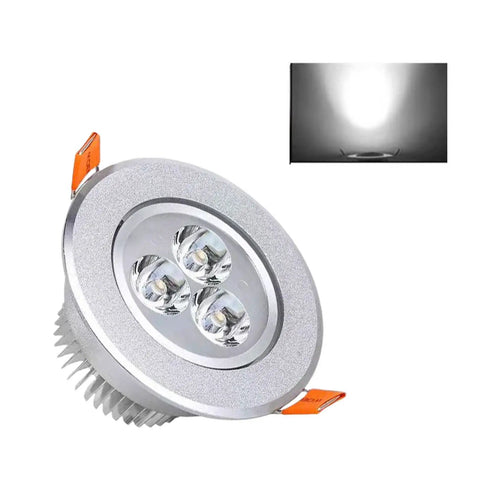 3W Recessed LED Downlight, Aluminum, 8.5cm, White Light, Frosted Silver with three-eye LED configuration.
