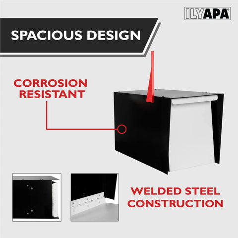 Modern Outdoor Mailbox With Post Mount In Black And White Powder Coated Steel Weatherproof Corrosion Resistant Hinges Magnetic Door Built Tough For All Weather Mail Protection And Long Lasting Durability featuring welded steel construction and spacious design