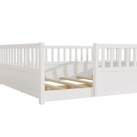 Queen Montessori Floor Bed With 21.46-Inch Wraparound Guardrails for toddlers and kids in white solid wood