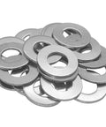 Close-up of Beduan stainless steel flat washers, 1/4 in ID x 1/2 in OD, 304, plain finish, pack of 110