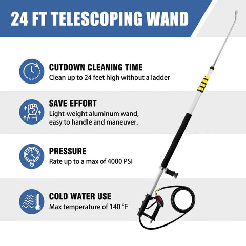 Telescoping Pressure Washer Wand With 24 Ft Reach No Ladder Needed Extension Wand Gutter Cleaner Attachment Five Spray Nozzle Tips
