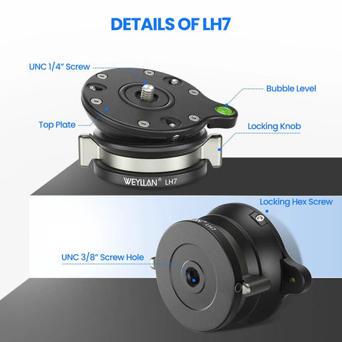 Leveling Head Tripod Base for Camera Leveler Aluminum Alloy with bubble level, locking knob, 1/4 to 3/8 screws
