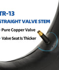 Close-up of TR-13 straight valve stem on 15x6.00-6 inner tube two pack for ride-on mowers, yard trailers, tractors.
