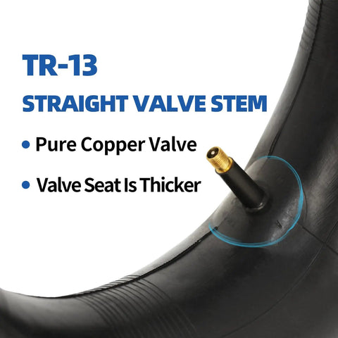 Close-up of TR-13 straight valve stem on 15x6.00-6 inner tube two pack for ride-on mowers, yard trailers, tractors.