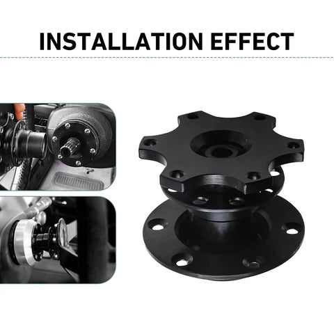 Universal Steering Wheel Quick Release Adapter With Six Hole Racing Hub Mounting Kit shown from various angles installed on vehicle, satin black finish.