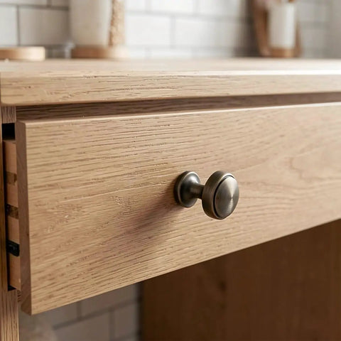 Close-up of wooden drawer with 4 Pack Brushed Zinc Alloy Cabinet Pulls Single Hole Drawer Handles For Kitchen Cabinetry.