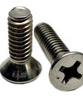 Two Type 316 stainless steel Phillips flat-head machine screws for marine use