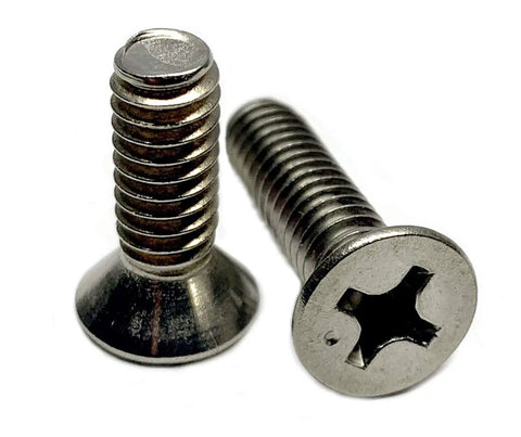 Two Type 316 stainless steel Phillips flat-head machine screws for marine use