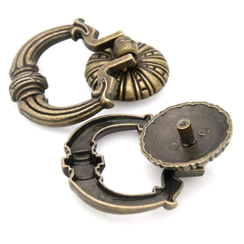 Set Of 4 Vintage Antique Brass Ring Pull Handles For Drawers Cabinets Dressers And Wardrobes, featuring disk base and dragon head motifs.