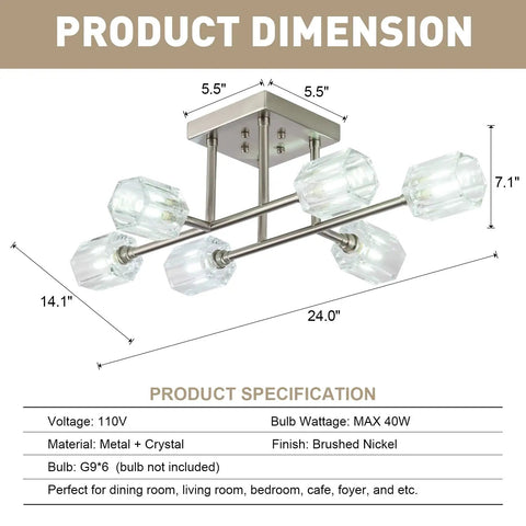 Modern Six Light Twenty Four Inch Brushed Nickel Sputnik Semi Flush Mount Ceiling Light Fixture Industrial Chandelier Bringing Cool Urban Contemporary Vintage Rustic Farmhouse Vibes To Kitchen Over Sink Living Dining Room Bedroom Foyer