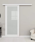36 Inch By 80 Inch White Sliding Barn Door With Hardware Kit Full Lite Tempered Frosted Glass Solid Core Construction