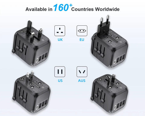 All In One International Travel Plug Adapter With USB C And Four USB Ports shown with UK, EU, US, AUS plug types