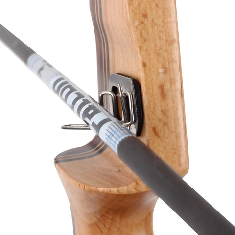 Close-up of Three Piece Archery Arrow Rest For Recurve Bow With Durable Wire Design High Strength Steel Construction on riser
