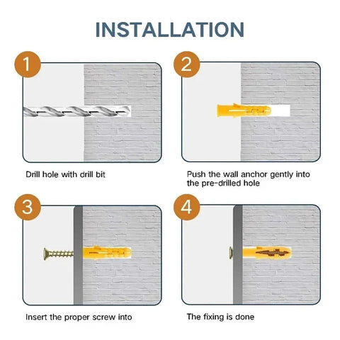 Self Drilling Drywall Anchors Kit With Screws 232-Piece Wall Plugs And Expansion Bolts For Quick No-Prep Install And Easy Heavy-Duty Mounts On Studless Walls Yellow Zinc Plated Carbon Steel For Rust And Wear Resistance. Installation steps