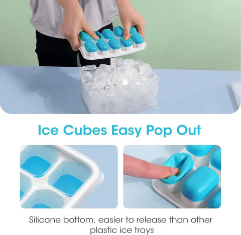 Four Pack Silicone Ice Cube Trays With Lid And Storage Bin Includes Scoop For Effortless Freezer Organization And Straight Up Crank Out Perfect Cubes, blue silicone trays with easy-release ice cubes.
