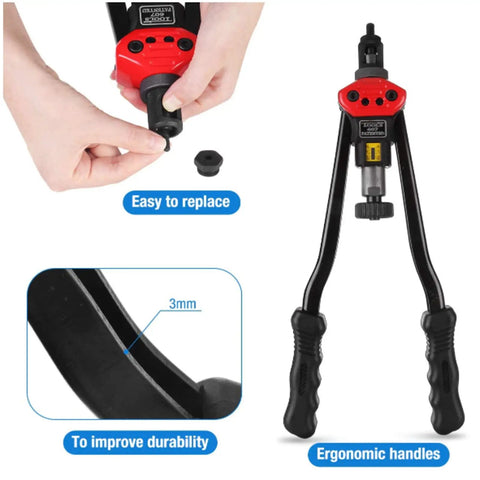 Close-up of 16 Inch Hand Blind Rivet Nut Setter Kit with ergonomic handles and easy-to-replace parts for metal panels.