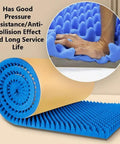 Top Tier Self Adhesive Acoustic Foam Panels Sick Soundproofing Tiles For Home Studio And Music Room Wall Sound Dampening Pads Low Odor Polyurethane Egg Crate Design Mat Black rolled and laid out with hand pressing on textured blue surface.
