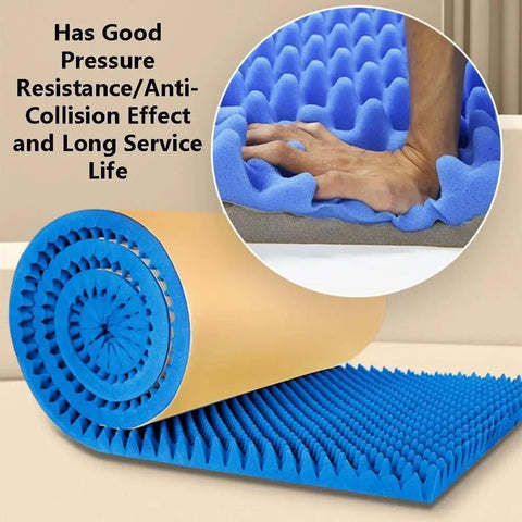 Top Tier Self Adhesive Acoustic Foam Panels Sick Soundproofing Tiles For Home Studio And Music Room Wall Sound Dampening Pads Low Odor Polyurethane Egg Crate Design Mat Black rolled and laid out with hand pressing on textured blue surface.