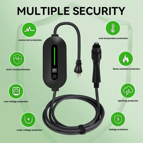 Ultimate Plug And Go Portable EV Charger With Level 1 And 2 Settings featuring multiple security features and protective elements.