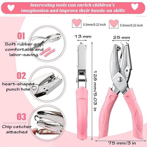 Heart Shaped Paper Punch Handheld Perforator For DIY Crafts And Scrapbooks Labels And Cards With Soft Grip Non Slip Handle, pink