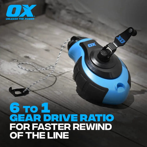 Chalk Line Kit With 100 Ft Thick Line Curved Hook 6 To 1 Gear Ratio Metal Handle in blue ergonomic shape