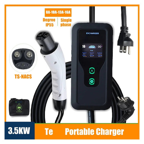 Plug And Play Portable 3.5Kw 7Kw EV Charger Nacs Socket Evse Fast Charging Cable With Cee Plug IP67 Waterproof Heavy Duty Electric Vehicle Adapter For Weekend Warriors with display and charging cable.