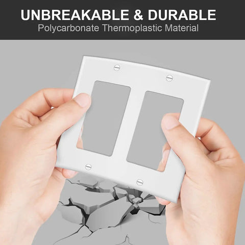 Hands holding a Durable 2-Gang Wall Plate Covers 4 Pack For Light Switches And Outlets White Polycarbonate, demonstrating unbreakable strength.