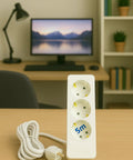 No Nonsense Three Outlet Power Strip With Generous 16 Foot Extension Cord White Heavy Duty Surge Block For Home Office And Workshop, close-up view.