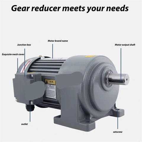 Badass Three Phase Gear Reducer With 380V Horizontal Mount And Variable Frequency Speed Motor, junction box and motor output shaft detailed view.