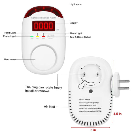 Plug In Carbon Monoxide Detector With Digital LED Display Real Time CO Monitor Alarm With Sound And Light Alerts, front and back views.