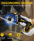 Badass 3 Inch Cordless Circular Saw Compatible With 20 Volt Batteries, ergonomic design held by user, featuring a rubber handle for comfort.
