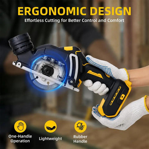 Badass 3 Inch Cordless Circular Saw Compatible With 20 Volt Batteries, ergonomic design held by user, featuring a rubber handle for comfort.