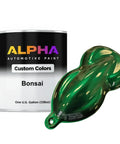 Ready To Spray Automotive Basecoat Paint Gallon With Medium Reducer alongside green paint sample in unique shape.