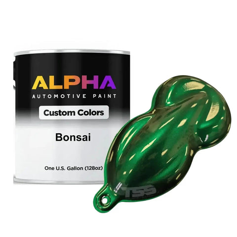 Ready To Spray Automotive Basecoat Paint Gallon With Medium Reducer alongside green paint sample in unique shape.