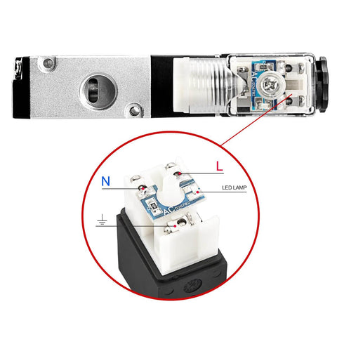Close-up of Heavy Duty Electrical Pneumatic Solenoid Valve 3V210-08-NC 110V, showing LED lamp and internal structure