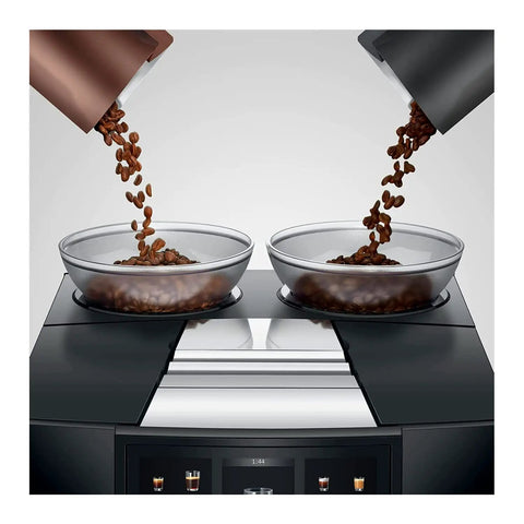 Top Shelf Fully Automatic Commercial Coffee Station Featuring Six Point Seven Inch Touchscreen Interface with dual bean containers.
