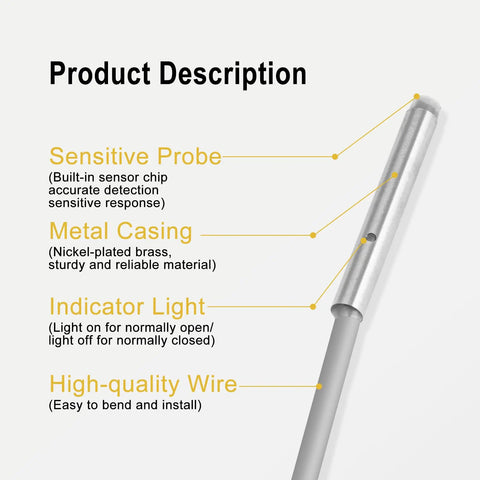 M4 Inductive Proximity Sensor Switch with sensitive probe, metal casing, indicator light, and high-quality wire for machinery use.