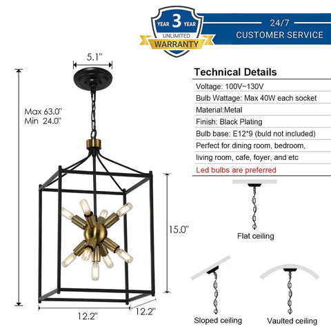 Industrial Farmhouse Chandelier Lantern Pendant Light Nine Light Fixture Built To Last In Black And Gold With Metal Frame For Dining Room Living Room Kitchen Bar Entryway Rustic Modern Style
