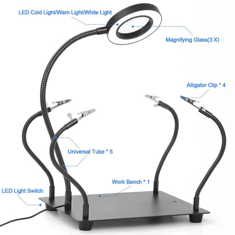 Helping Hands Soldering Station With 3X Magnifying Glass And Light, Pro Grade Soldering Holder With 4 Flexible Magnetic Arms