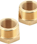 Two brass NPT reducer bushings, 1 in male to 3/4 in female, hex threaded fittings