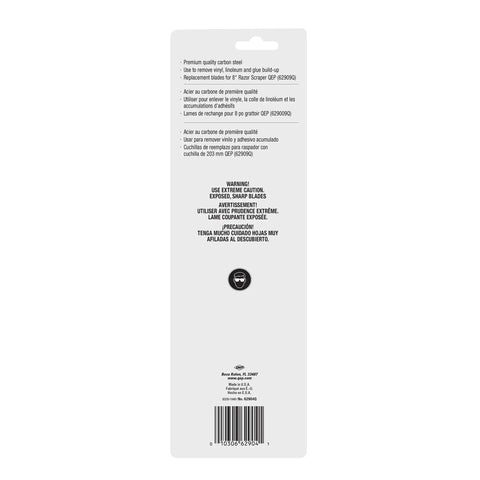 Back packaging of 8 Inch Carbon Steel Replacement Blades For Floor Scrapers And Strippers 3 Pack Gray Fits Angled Head Models
