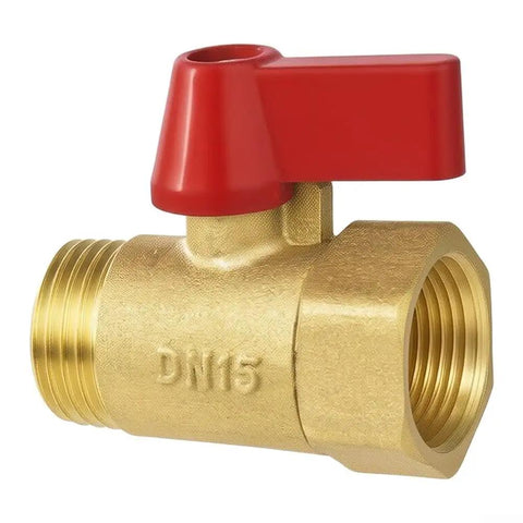 Solid Brass 1/2 Inch Full Port Ball Valve For No Sweat Water Control And Heavy Duty Plumbing Or Garden Hose Lines With Rust Proof Build And Smooth Ergonomic Red Handle Operation, side view showcasing red handle.