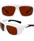 Badass Fiber Laser Safety Glasses Packing OD7 Protection For 532Nm And 1064Nm Waves, slick white frames, dark tinted lenses, eye shield.