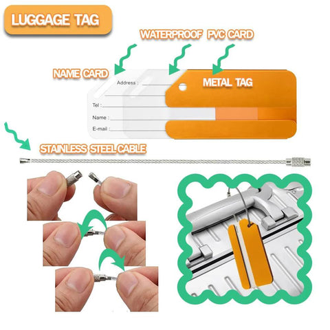 Luggage tag with waterproof PVC card, metal tag, and stainless steel cable illustration, shown attached to suitcase.